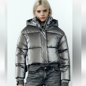 ZARA Cropped Metallic Silver Puffer Jacket Hooded Quilted Winter Coat XS